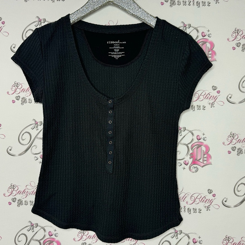 Ribbon luxe waffle knit button tshirt top black cute stretchy lounge soft